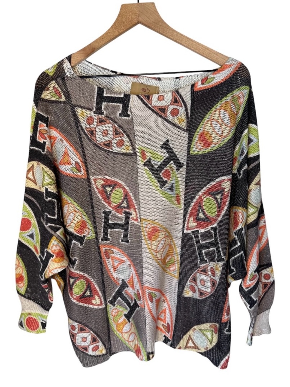 FREE For HUMANITY Open Knit Dolman Sleeve Artsy Abstract Boho Sweater Sz L